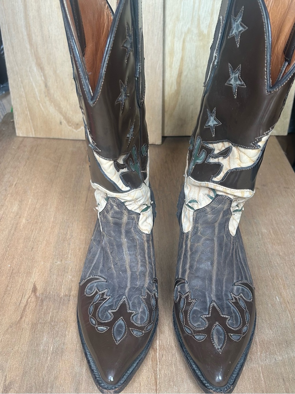 Western Embroidered Brown and Cream Leather Ankle Booties